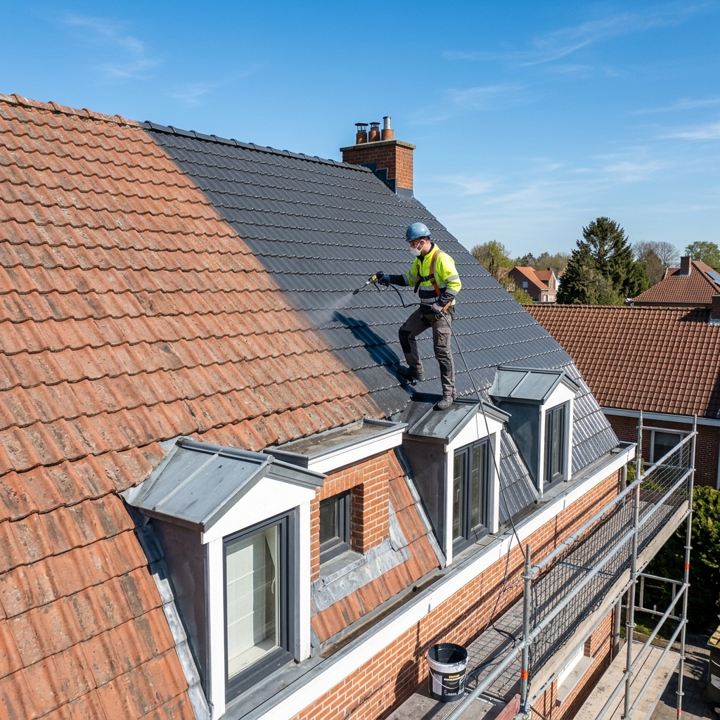 Coating de toiture en cours — avant/après avec résine anthracite sur tuiles béton