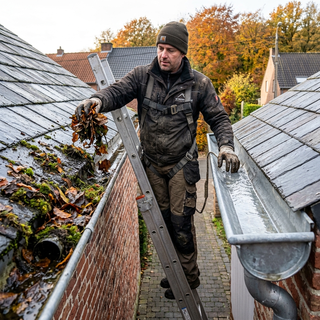 Couvreur nettoyant une gouttière en zinc bouchée par des feuilles et de la mousse