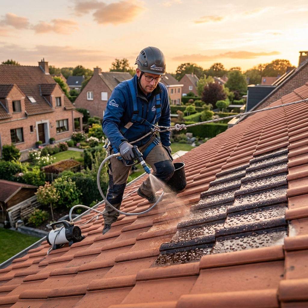 Couvreur professionnel appliquant un hydrofuge sur tuiles terre cuite — effet déperlant visible
