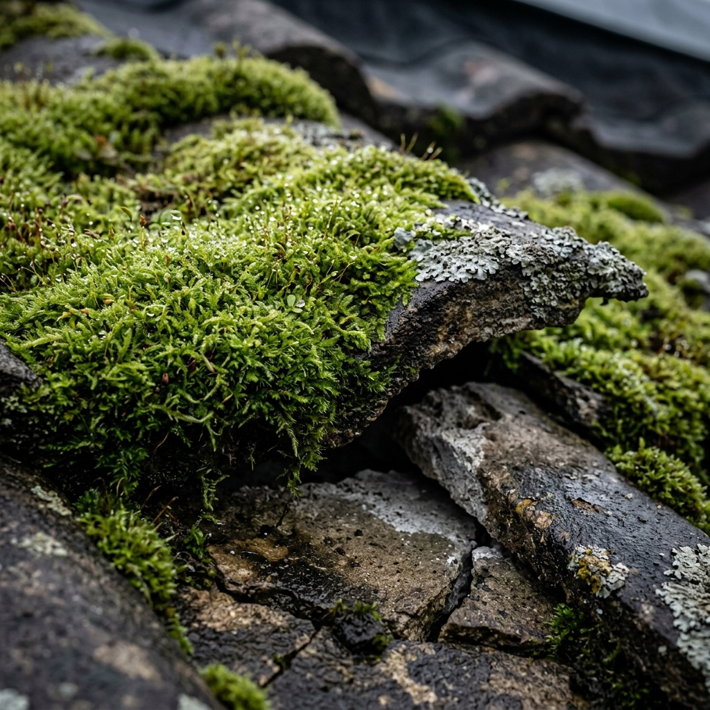 Mousse épaisse et lichens sur tuiles en béton — dégâts visibles, tuiles soulevées