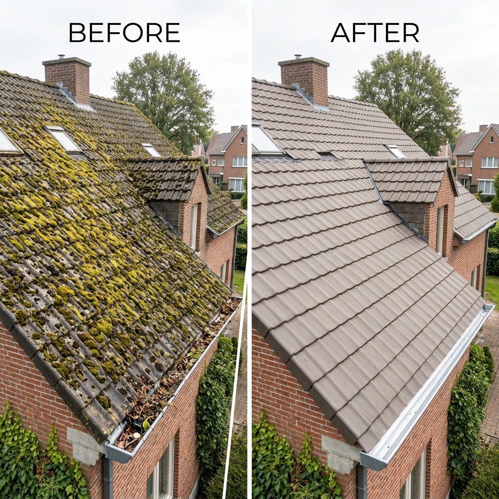 Toiture avant et après démoussage — résultat spectaculaire de nettoyage professionnel