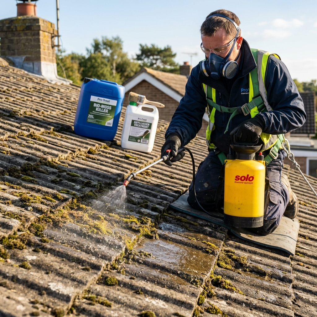 Application traitement anti-mousse biocide sur toiture — couvreur professionnel